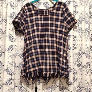 navy plaid shirt fringe hem